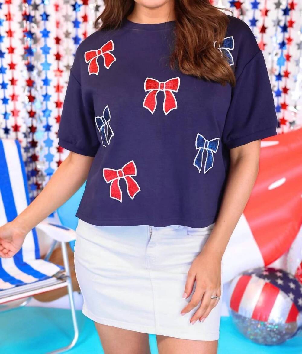 NEW JESS LEA crop top with side splits and fabric bows in navy